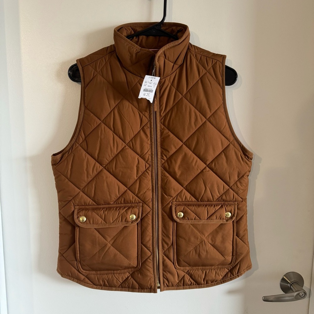 NWT J. Crew brown quilted vest with pockets and pink inner lining - size small